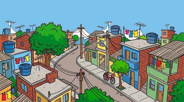 Rua de um bairro popular vista do alto, com casas de laje, caixas d'água e varal