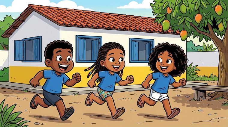 Três crianças correndo e rindo no pátio de uma escola pública